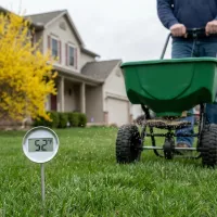 tech applying crabgrass prevention treatments in April